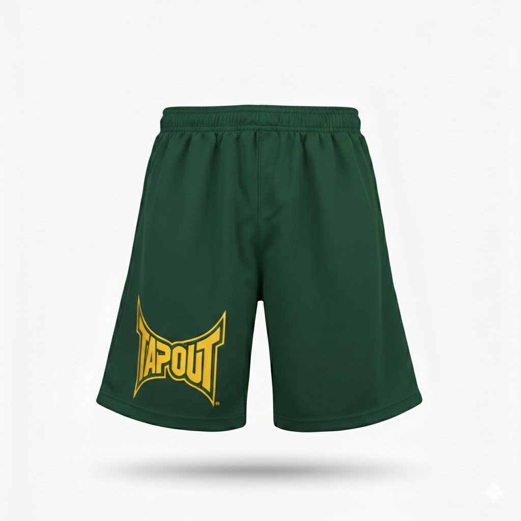 Hot mens tapout shorts Hot mens tapout shorts front view with logo and elastic waistband